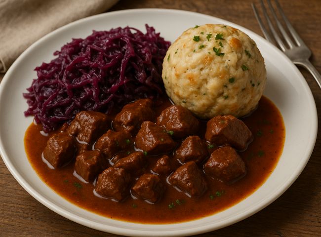 Wildgulasch mit Semmelknödel und Blaukraut