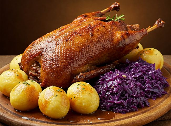 Gebratene Wildente, mit Reiberknödel und Blaukraut