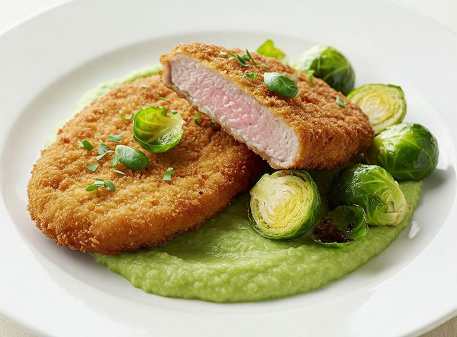 Rehschnitzel auf Selleriepüree mit Rosenkohlblätter